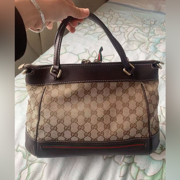 Gucci GG Monogram Canvas Top-Handle Handbag Brown Leather - Picture 6 of 16
